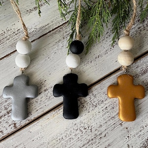Cross Car Mirror Hangers | Christian Cross Hanging Ornament | Polymer Clay Cross Beaded Rear View Mirror Accessory | Cross Charm Gift
