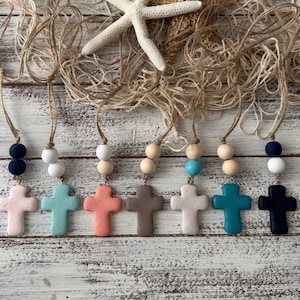 Cross Car Mirror Hangers | Christian Cross Hanging Ornament | Polymer Clay Cross Beaded Rear View Mirror Accessory | Cross Charm Gift