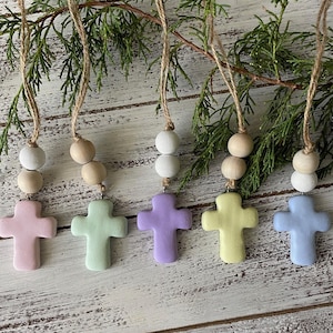 Pastel Cross Car Mirror Hangers | Christian Cross Hanging Ornament | Polymer Clay Cross Beaded Rear View Mirror Accessory | Cross Charm Gift