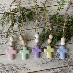 Pastel Cross Car Mirror Hangers | Christian Cross Hanging Ornament | Polymer Clay Cross Beaded Rear View Mirror Accessory | Cross Charm Gift