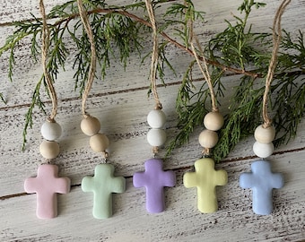 Pastel Cross Car Mirror Hangers | Christian Cross Hanging Ornament | Polymer Clay Cross Beaded Rear View Mirror Accessory | Cross Charm Gift