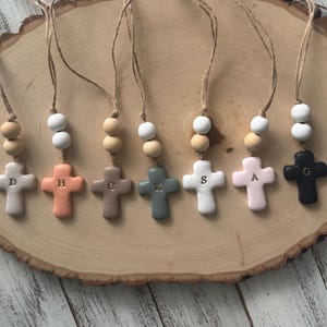 Initial Cross Car Mirror Hanger | Christian Hanging Ornament | Polymer Clay Personalized Rear View Mirror Accessory | Beaded Charm Gift