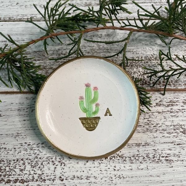 Cactus Initial Personalized Polymer Clay Ring Dish | Minimalist Nature Decor | 3"/4" Botanical Jewelry Holder | Succulent Lover Trinket Bowl