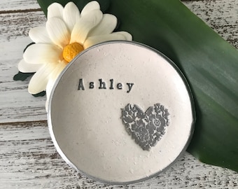 HEART Polymer Clay Ring Dish | PERSONALIZED Trinket Bowl | Minimalist Silver Dish | 3"/4" Jewelry Holder | Wedding Newlywed Gift for Rings