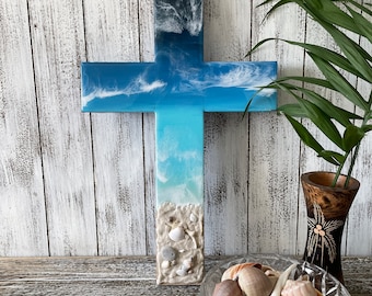 Coastal Resin Beach Scene Wall Cross: Shells & Sand Christian Decor