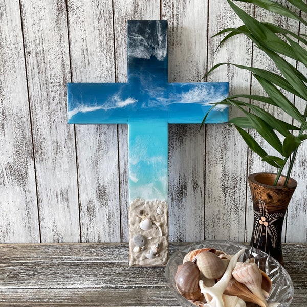 Large Beach Scene Wall Cross | Coastal Resin Wall Hanging | Beach House Coastal Decor | Beach Wedding Christian Gift | Coastal Wall Art