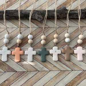 Cross Car Mirror Hangers | Christian Cross Hanging Ornament | Polymer Clay Cross Beaded Rear View Mirror Accessory | Cross Charm Gift
