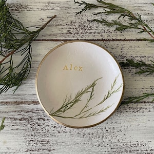 Gold Winter Pine Personalized Polymer Clay Ring Dish | Minimalist Nature Decor | Trinket Dish |Wedding Ring Jewelry Holder | Bridesmaid Gift