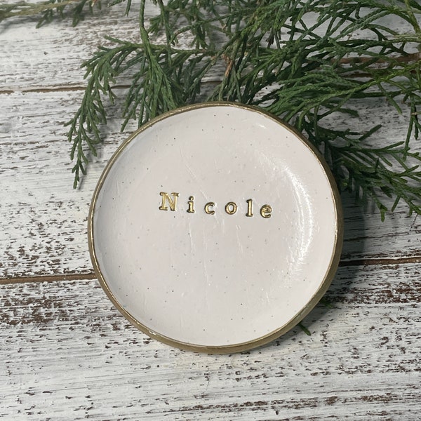 White and Gold Personalized Polymer Clay Ring Dish | Modern Trinket Bowl | Minimalist Bowl for Jewelry | Wedding Newlywed Bridesmaid Gift