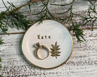 Gold Personalized Polymer Clay Ring Dish | Minimalist Bridesmaid Gift | 3"/4" Wedding Ring Jewelry Holder | Simple Nature Trinket Bowl