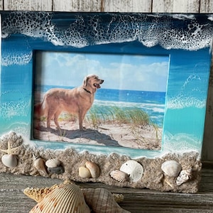Ocean Resin Picture Frame with Sand & Shells | Beach Theme 5x7 Photo Frame | Tropical Coastal Home Decor Gift