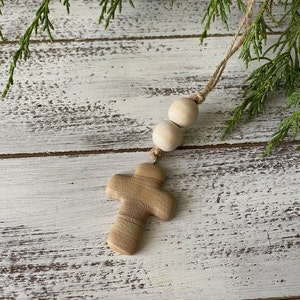 Wood Designed Cross Car Mirror Hanger | Christian Cross Hanging Ornament | Polymer Clay Cross Beaded Rear View Mirror Accessory | Charm Gift