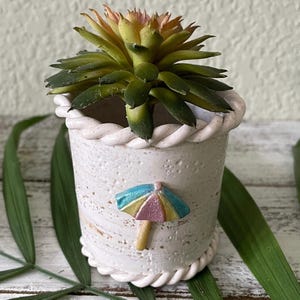 Beach Inspired Succulent Holder Handmade | Beach Umbrella Polymer Clay Planter | Coastal Desk & Shelf Decor | Mini Flower Pot
