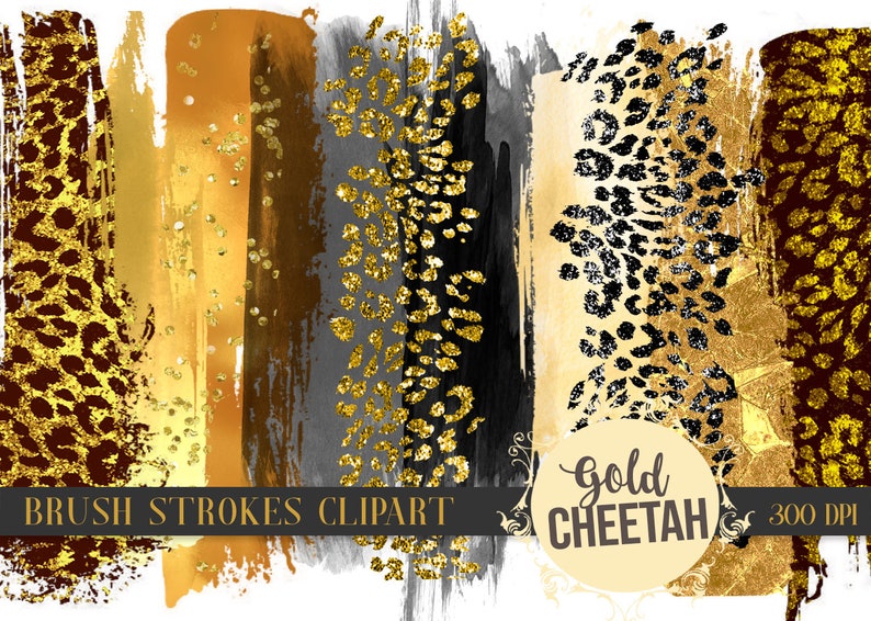 Brush Strokes Clipart Cheetah Gold and Black Strokes Etsy