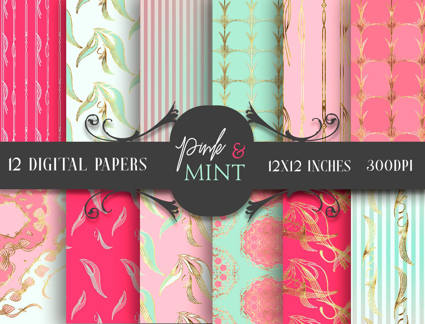 Pink and Mint Digital Paper Pack Instant Download Scrapbook Etsy