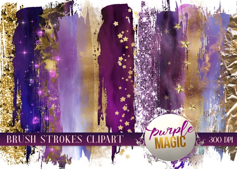 Brush Strokes Clipart Magic Stars Pattern Art Watercolor Stripes Purple and Gold Strokes Glitter Texture Paint Brush Strokes for Logo
