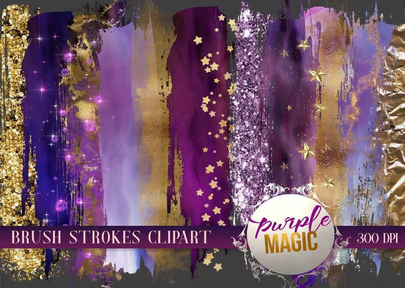 Brush Strokes Clipart Magic Stars Pattern Art Watercolor Stripes Purple and Gold Strokes Glitter Texture Paint Brush Strokes for Logo