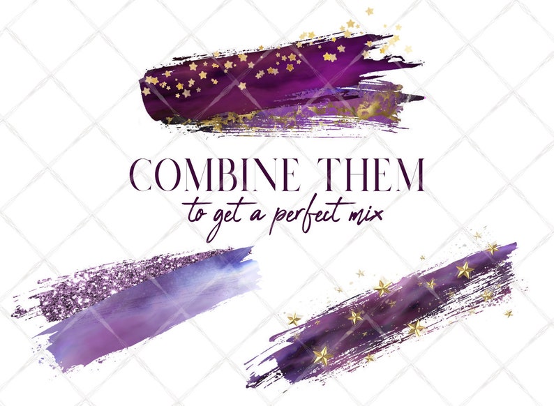 Brush Strokes Clipart Magic Stars Pattern Art Watercolor Stripes Purple and Gold Strokes Glitter Texture Paint Brush Strokes for Logo