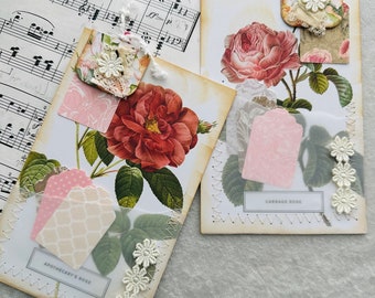 2 Rose Journal cards, post cards with pockets for junk journals