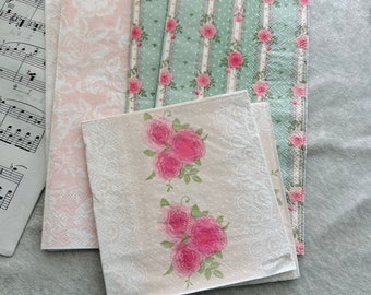 3 Spring Floral napkins-set of 6 paper napkins for crafting and decoupage roses, lace and stripes