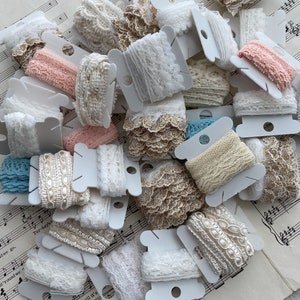 10 tiny trims and laces for crafting, journal and mixed media, white, cream, neutral colors