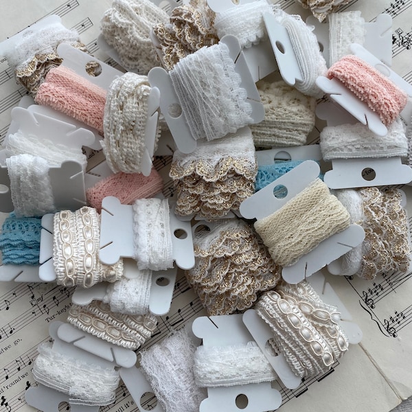 10 tiny trims and laces for crafting, journal and mixed media, white, cream, neutral colors