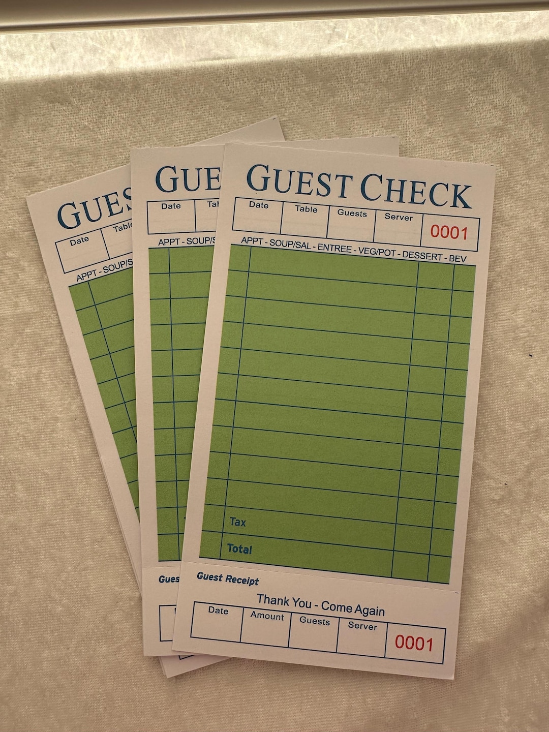 Spring Green and White Guest Check Bundle of 25 | Numbered Card Stock ...