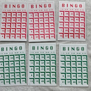 6 Small Bingo cards , 3 red 3 green for junk journals, crafting and scrapbooking image 1