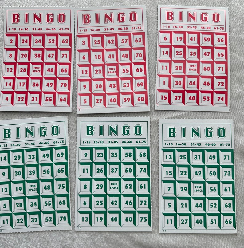 6 Small Bingo cards , 3 red 3 green for junk journals, crafting and scrapbooking image 1