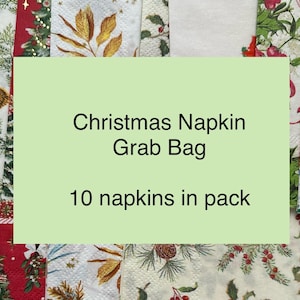 May include: A grab bag of 10 Christmas napkins featuring various holiday designs. The napkins are white with red, green, and gold accents. The designs include holly, pine cones, and stars.