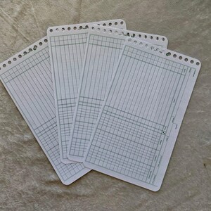 May include: Four white accounting ledger sheets with green grid lines and pre-punched holes along the top edge. The sheets are arranged in a slightly overlapping pattern, displaying columns for item, date, and balance.