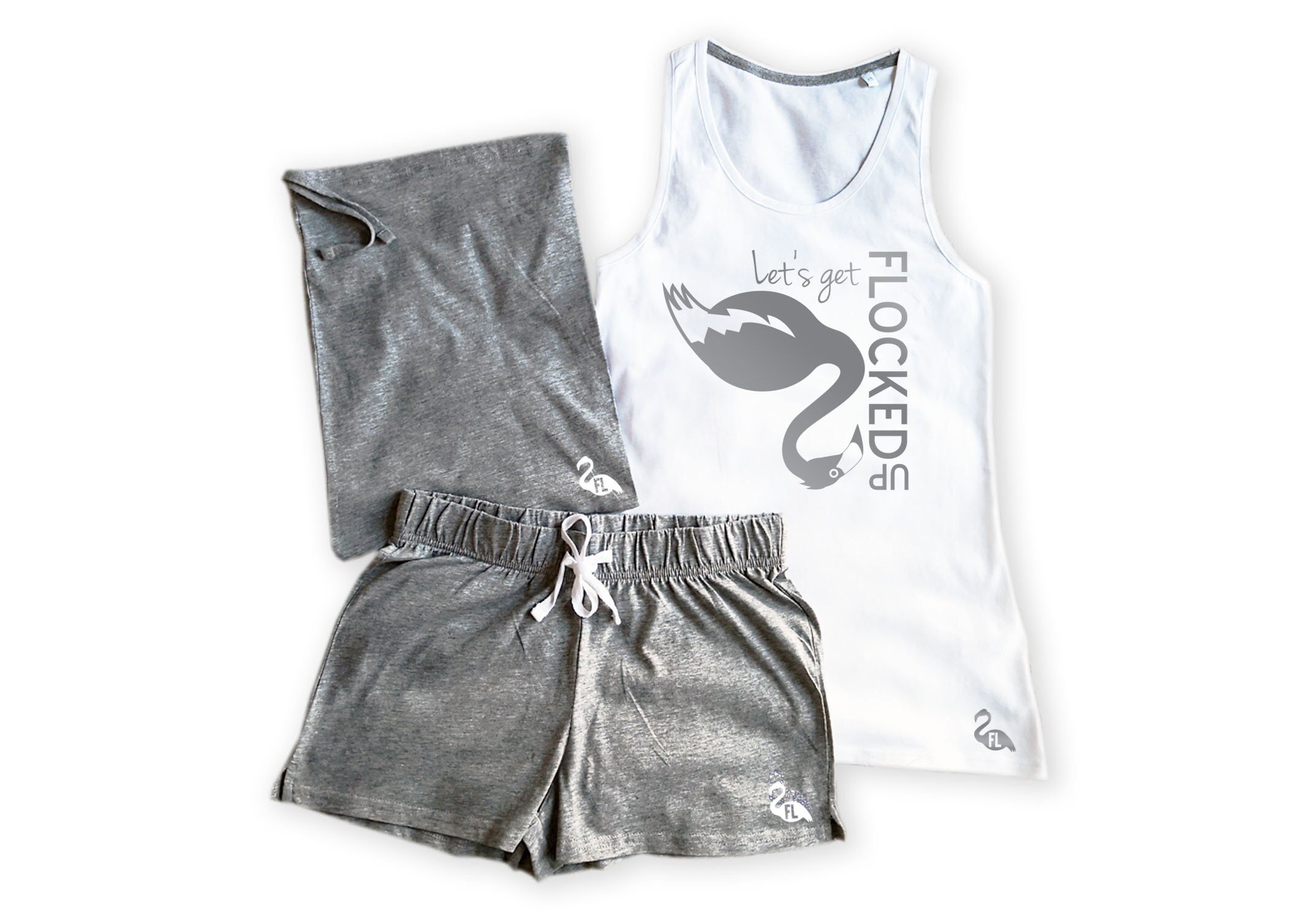 Image of Pyjamas Pjs Vest Shorts Bag Let's Get Flocked Up Grey Or Pink Original Design