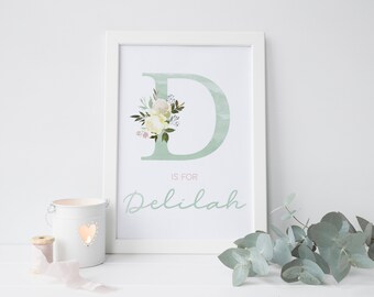 Personalized Baby Girl Nursery Print: Mint Green Floral Initial (Digital or Physical)