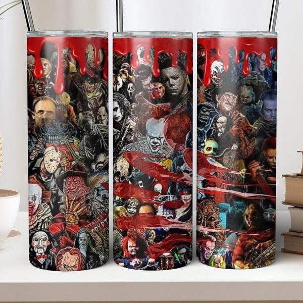 20oz 3D Horror Movie Tumbler Wrap Terror Inspired Gift For Men Fans And Dad PNG Sublimation Bloody Prints Gifts for Guys And Girls 20 oz