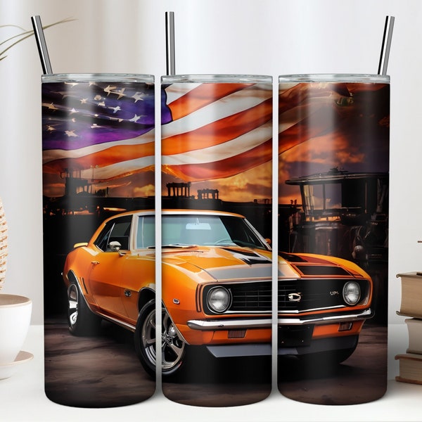 20oz 1967 American Camaro Muscle Car Straight Tumbler Wrap, Sunset Alcohol Ink PNG Sublimation Design Classic Car Auto Mom Dad Gift Fathers