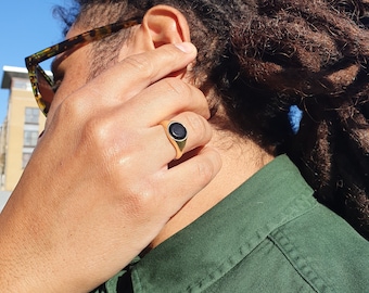 Obsidian Signet Round  Ring  | Gold Vermeil and Sterling Silver