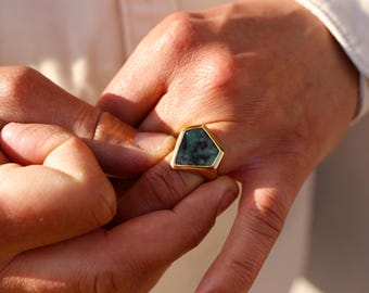 Emerald Shield Ring: Sterling Silver & Gold Vermeil, Geometric Design