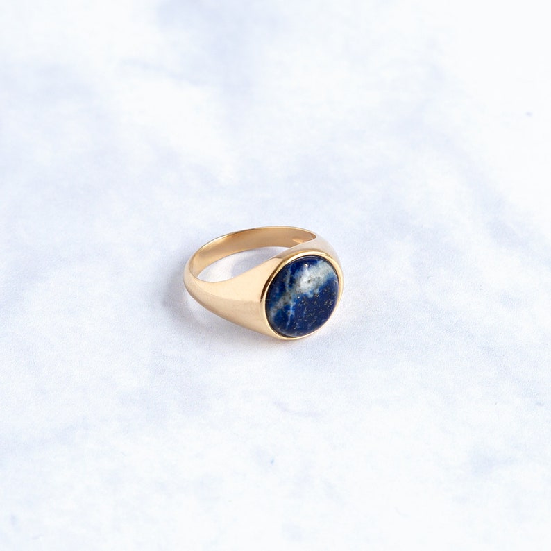 Lapis Lazuli Signet Round Ring Gold Sterling Silver image 2