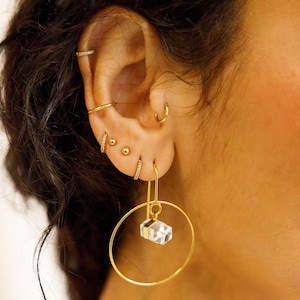 Circle&Crystal Drop Earrings |Clear Quartz And Gold Vermeil|Saturn Earrings