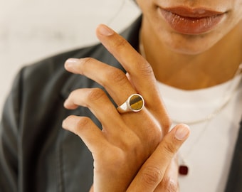 Tiger's Eye Round Signet Ring| Wabi | |Gold Vermeil and  Sterling Silver