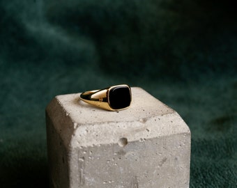 Signet Ring Obsidian and Gold Vermeil