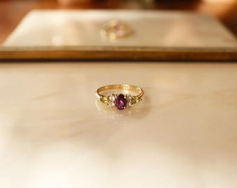 Vintage Amethyst, Peridot & Aquamarine Ring – 9ct Yellow Gold