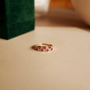 Vintage Double Row Ruby & Diamond Ring – 9ct Yellow Gold
