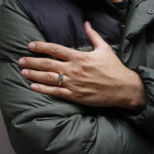 May include: A gold signet ring with a dark gray rectangular stone.