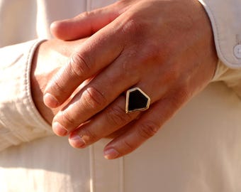 Black Onyx Shield Ring: Geometric Sterling Silver Signet