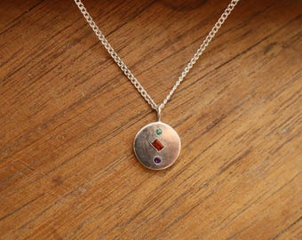 Trio Gemstone Coin Necklace – Garnet, Emerald & Amethyst | Sterling Silver or Gold Vermeil