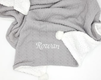 Luxury Personalised Baby Blanket Knitted, PomPom Soft Fleece Wrap For Newborns, Gifts For Baby Shower, New Mum, New Baby Gift