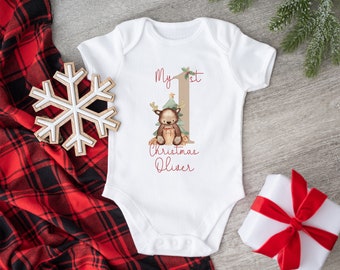 First Christmas Reindeer Bear Baby Vest, Newborn 1st Xmas Baby Grow, Christmas Bear, Holiday Clothing, Festive New Baby Clothing.
