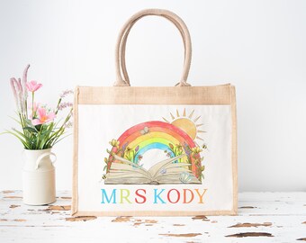 Personalised teacher bag, custom printed teaching assistant shopper bag, unique gift for childminder, rainbow book print present for school