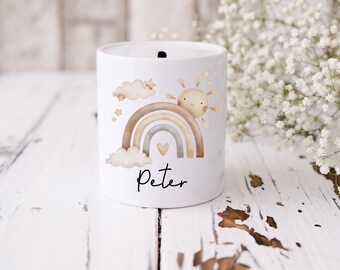 Personalised Boho Rainbow Money Box - Customisable Baby Savings Jar - Rainbow Themed Piggy Bank - New Baby Gift - Rainbow Boho Nursery Decor